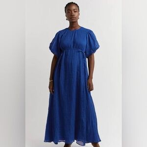 DISSH Dresses | Kadi Cobalt Blue Crinkle Linen Midi Puff Sleeve Dress Maternity